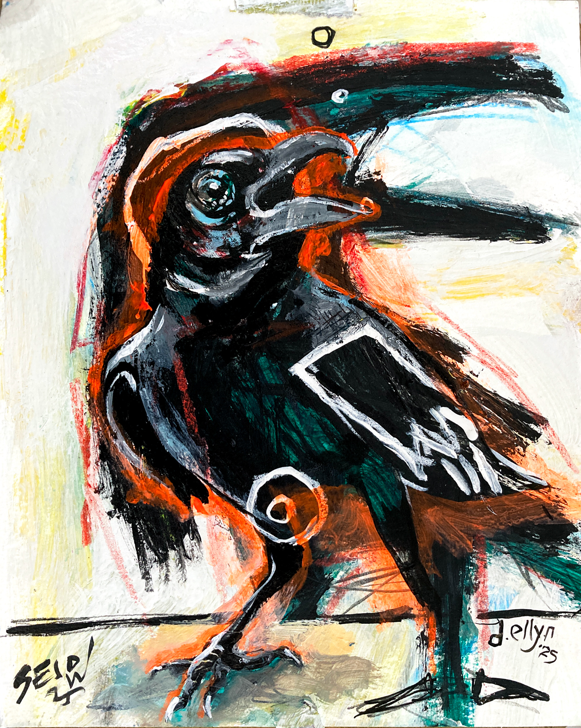 expressive painting of a crow with sharp lines and bold colors